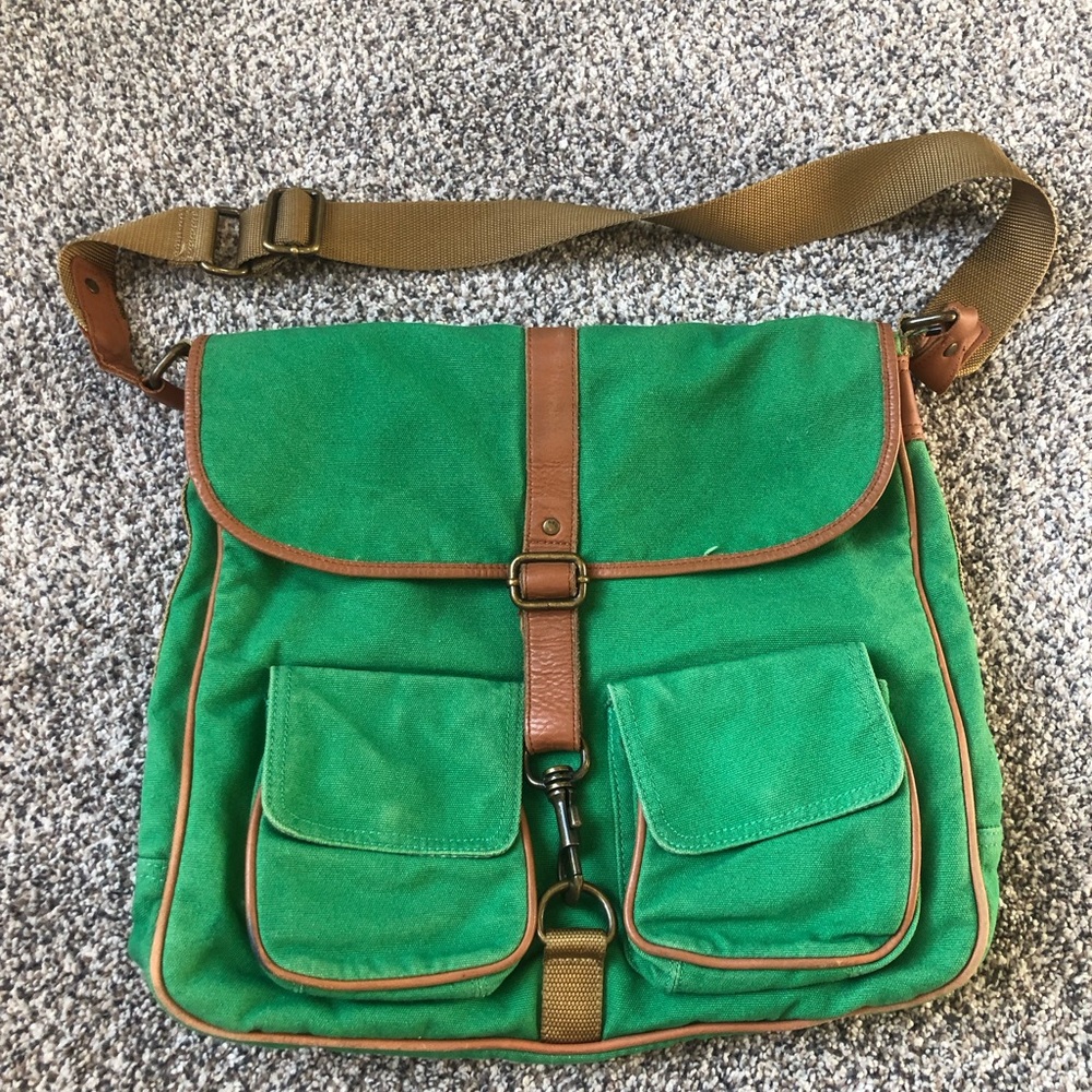 Vintage American Eagle Green Canvas Messenger Bag with Brown Trim early 2000’s